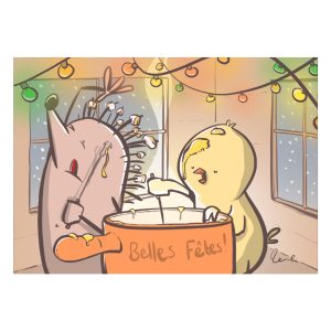 carte voeux deux animaux qui mange de la fondue